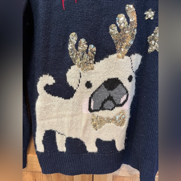 Bah Humpug Christmas Pug Sweater Navy Blue w/ Gold Sequin Stars & Antlers Medium - Picture 4 of 6